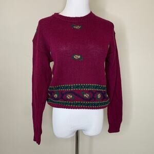 Vintage Hunt Club Maroon Sweater Floral Design Sz Small Linen Cotton